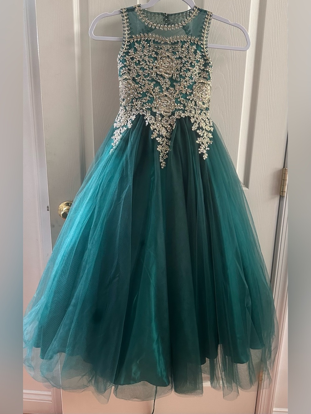 Emerald Green Tulle Dress with Silver Appliqué Bodice
